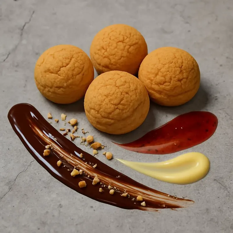 Four golden choux puffs with chocolate, caramel and berry sauce art