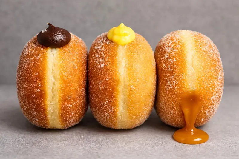Three handcrafted Moi Doughssier bomboloni with chocolate, custard and caramel fillings